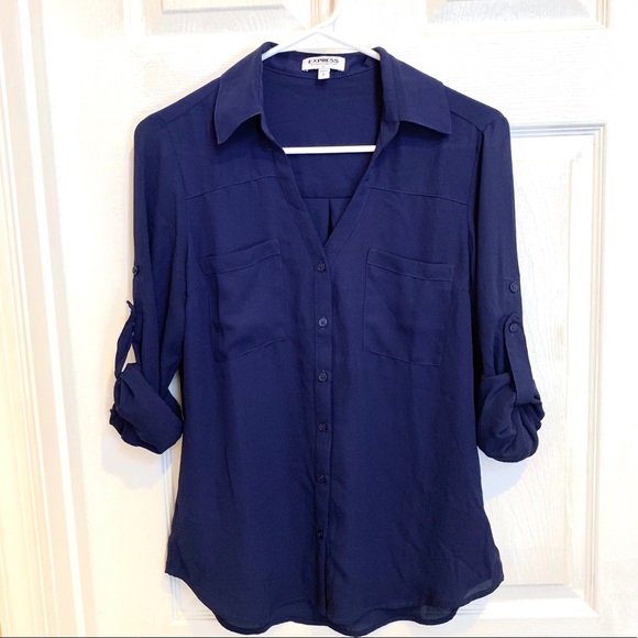 Express Portofino Navy Crepe Work Shirt S - Picture 1 of 4
